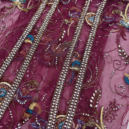 Indian Vintage Heavy Wedding Maroon Dupatta Net Mesh Long Stole Hand Embroidered Scarves Golden Zardozi Zari Sequins Dridal Veil Hijab