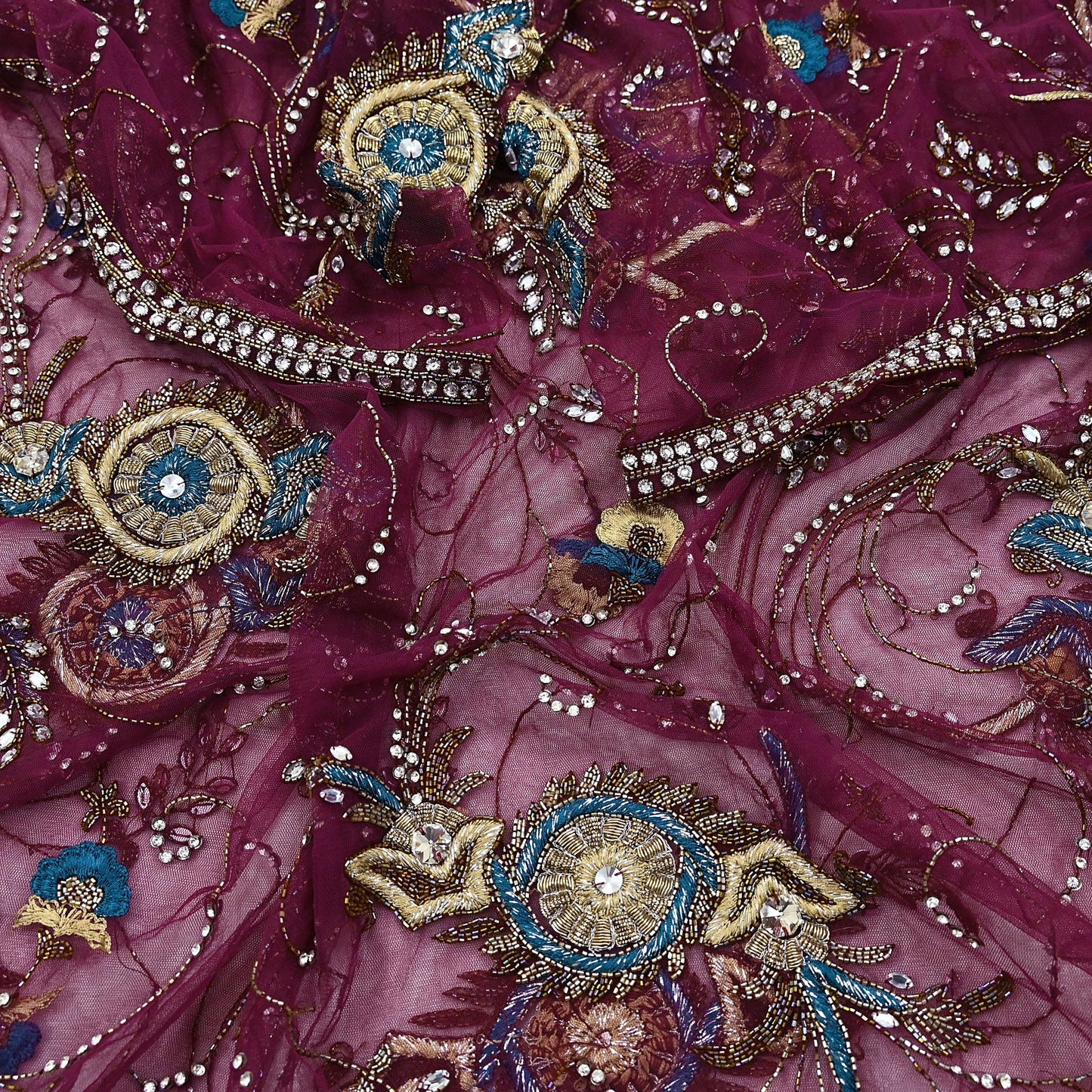 Indian Vintage Heavy Wedding Maroon Dupatta Net Mesh Long Stole Hand Embroidered Scarves Golden Zardozi Zari Sequins Dridal Veil Hijab