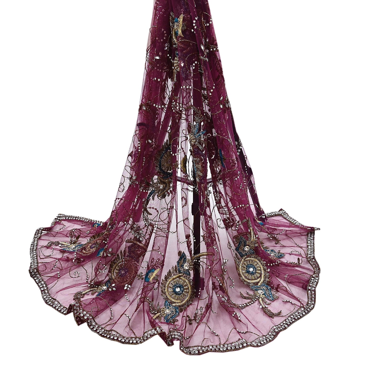 Indian Vintage Heavy Wedding Maroon Dupatta Net Mesh Long Stole Hand Embroidered Scarves Golden Zardozi Zari Sequins Dridal Veil Hijab