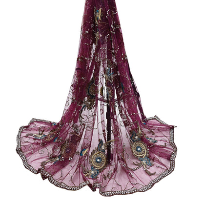 Indian Vintage Heavy Wedding Maroon Dupatta Net Mesh Long Stole Hand Embroidered Scarves Golden Zardozi Zari Sequins Dridal Veil Hijab