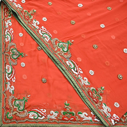 Indian Vintage Heavy Orange Dupatta Pure Georgette Silk Long Stole Hand Embroidered  Scarves Zardozi Wedding Party wear