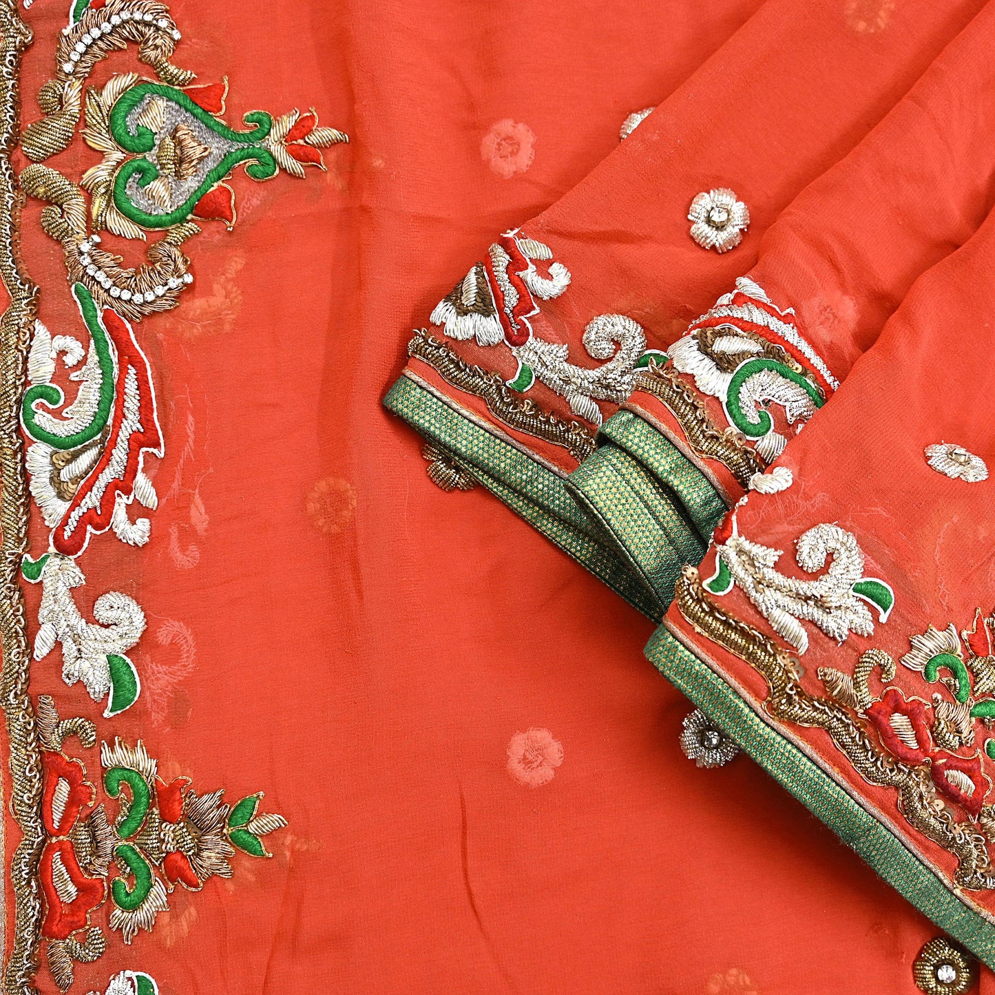 Indian Vintage Heavy Orange Dupatta Pure Georgette Silk Long Stole Hand Embroidered  Scarves Zardozi Wedding Party wear