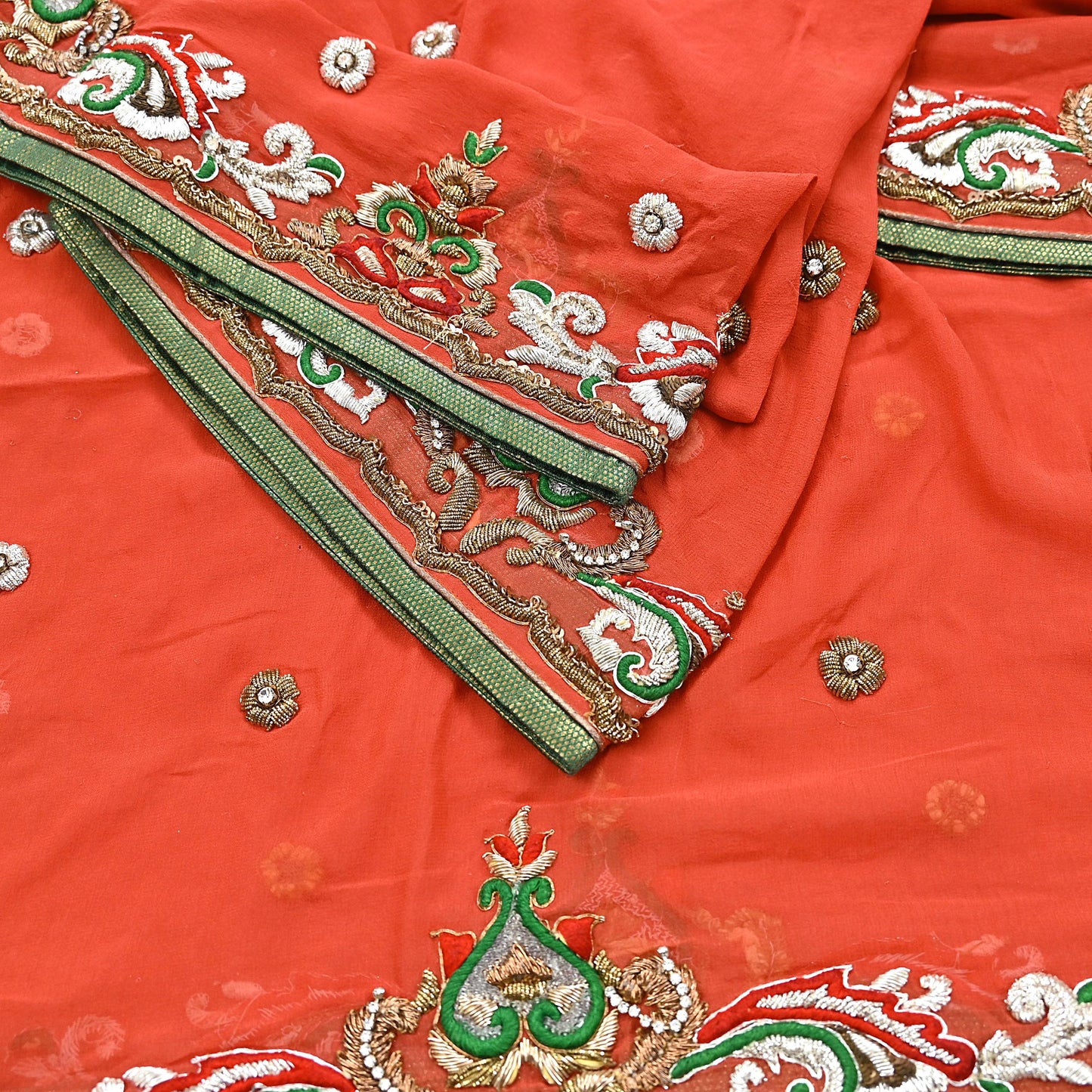 Indian Vintage Heavy Orange Dupatta Pure Georgette Silk Long Stole Hand Embroidered  Scarves Zardozi Wedding Party wear
