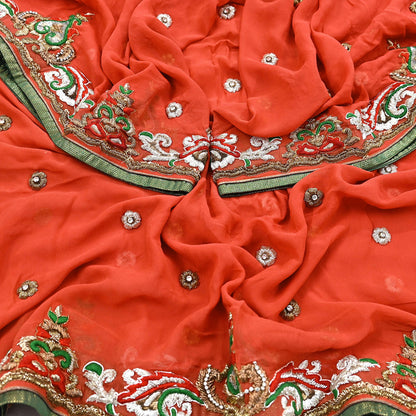 Indian Vintage Heavy Orange Dupatta Pure Georgette Silk Long Stole Hand Embroidered  Scarves Zardozi Wedding Party wear