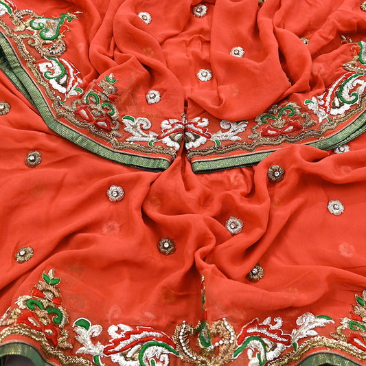 Indian Vintage Heavy Orange Dupatta Pure Georgette Silk Long Stole Hand Embroidered  Scarves Zardozi Wedding Party wear