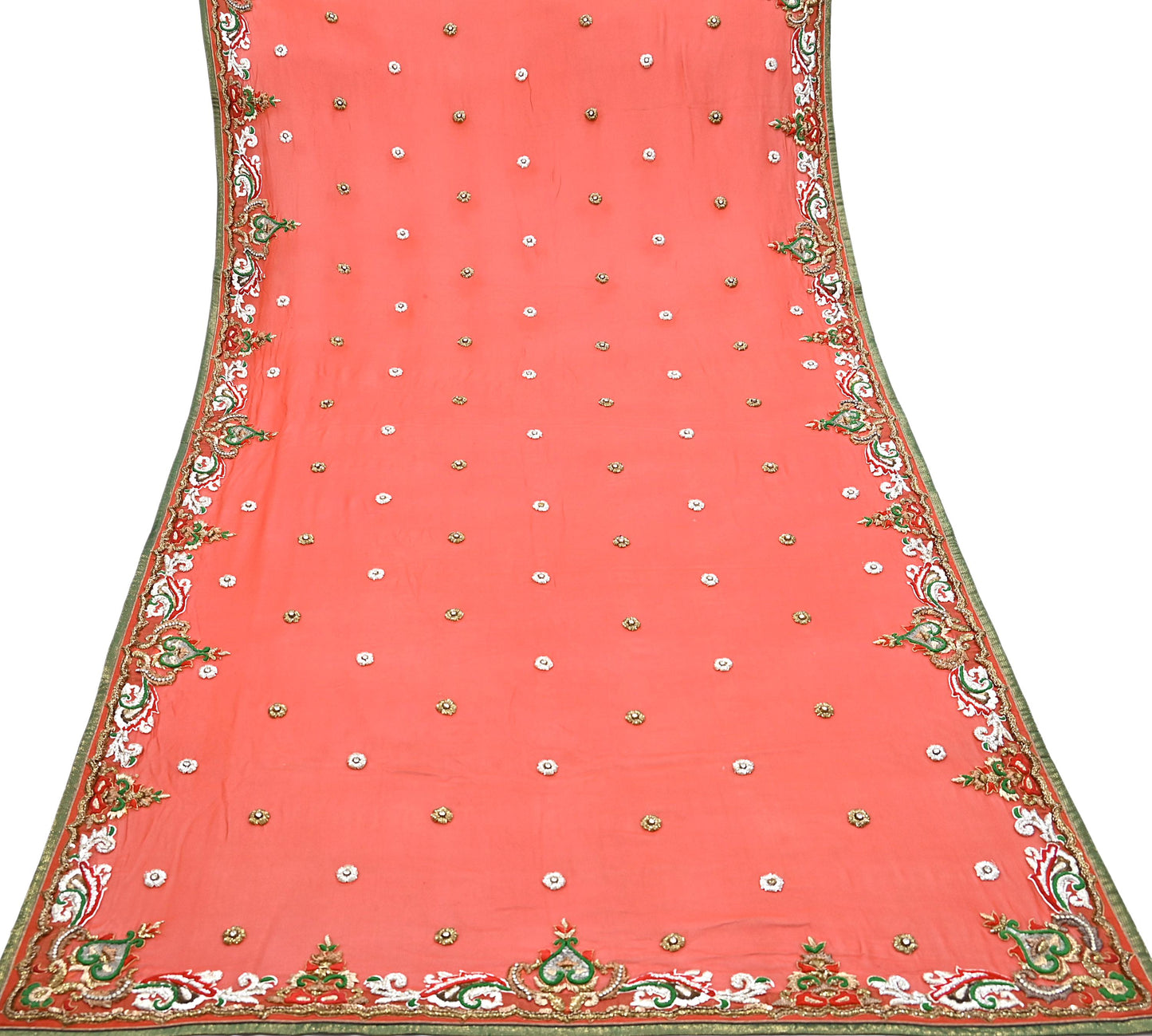 Indian Vintage Heavy Orange Dupatta Pure Georgette Silk Long Stole Hand Embroidered  Scarves Zardozi Wedding Party wear