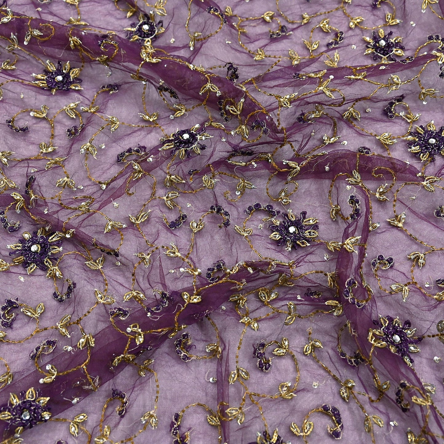 Indian Vintage Heavy Bridal Dupatta Purple Net Mesh Long Stole Hand Embroidered Scarves Golden Zardozi Dabka Zari Wedding Veil Hijab