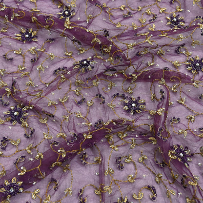 Indian Vintage Heavy Bridal Dupatta Purple Net Mesh Long Stole Hand Embroidered Scarves Golden Zardozi Dabka Zari Wedding Veil Hijab