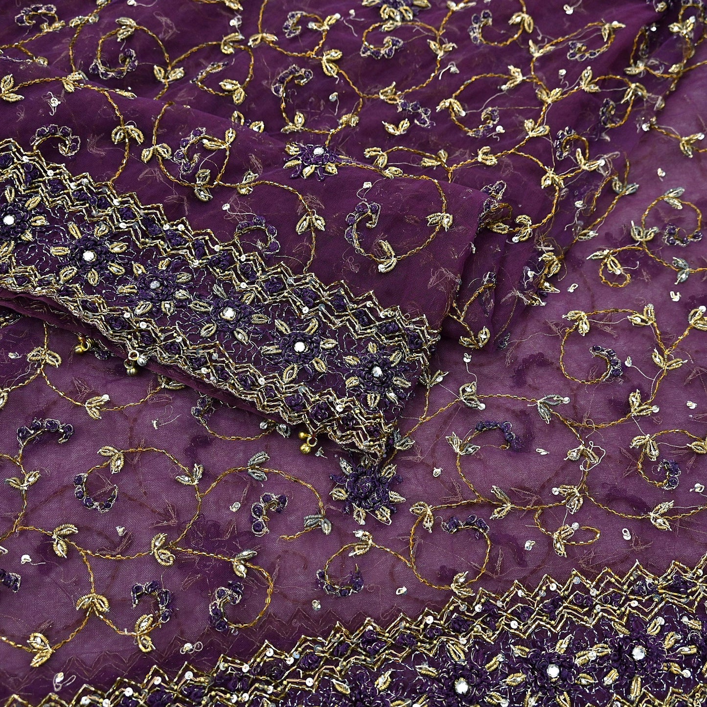 Indian Vintage Heavy Bridal Dupatta Purple Net Mesh Long Stole Hand Embroidered Scarves Golden Zardozi Dabka Zari Wedding Veil Hijab