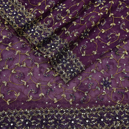 Indian Vintage Heavy Bridal Dupatta Purple Net Mesh Long Stole Hand Embroidered Scarves Golden Zardozi Dabka Zari Wedding Veil Hijab