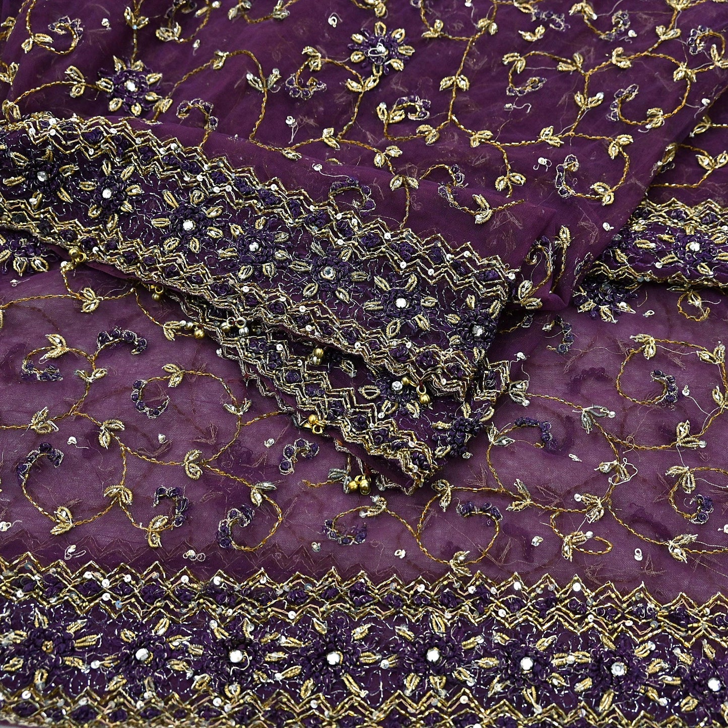 Indian Vintage Heavy Bridal Dupatta Purple Net Mesh Long Stole Hand Embroidered Scarves Golden Zardozi Dabka Zari Wedding Veil Hijab