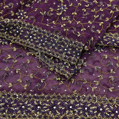 Indian Vintage Heavy Bridal Dupatta Purple Net Mesh Long Stole Hand Embroidered Scarves Golden Zardozi Dabka Zari Wedding Veil Hijab