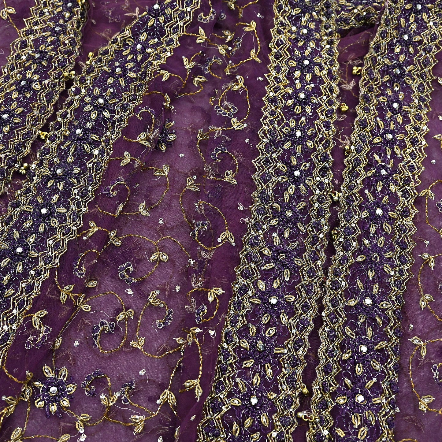 Indian Vintage Heavy Bridal Dupatta Purple Net Mesh Long Stole Hand Embroidered Scarves Golden Zardozi Dabka Zari Wedding Veil Hijab