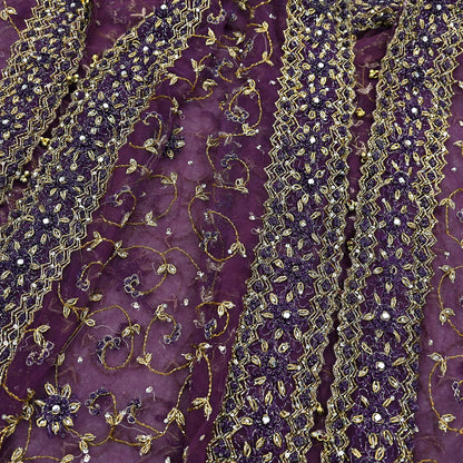 Indian Vintage Heavy Bridal Dupatta Purple Net Mesh Long Stole Hand Embroidered Scarves Golden Zardozi Dabka Zari Wedding Veil Hijab
