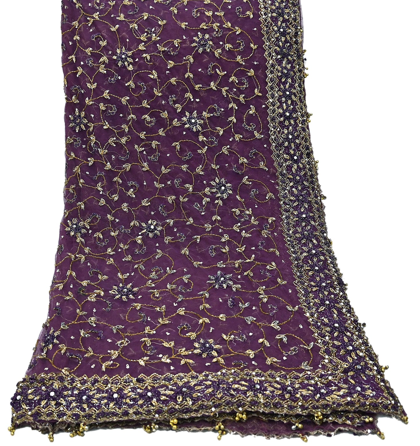 Indian Vintage Heavy Bridal Dupatta Purple Net Mesh Long Stole Hand Embroidered Scarves Golden Zardozi Dabka Zari Wedding Veil Hijab