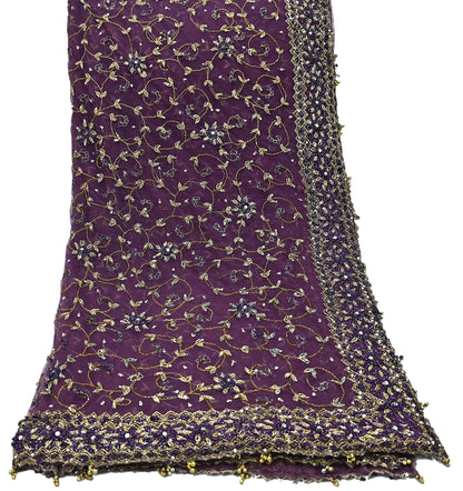 Indian Vintage Heavy Bridal Dupatta Purple Net Mesh Long Stole Hand Embroidered Scarves Golden Zardozi Dabka Zari Wedding Veil Hijab