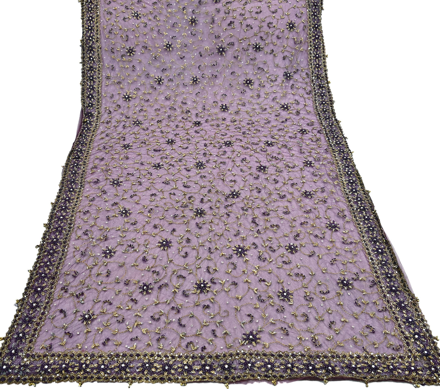 Indian Vintage Heavy Bridal Dupatta Purple Net Mesh Long Stole Hand Embroidered Scarves Golden Zardozi Dabka Zari Wedding Veil Hijab
