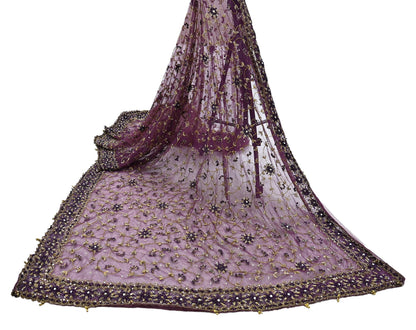 Indian Vintage Heavy Bridal Dupatta Purple Net Mesh Long Stole Hand Embroidered Scarves Golden Zardozi Dabka Zari Wedding Veil Hijab