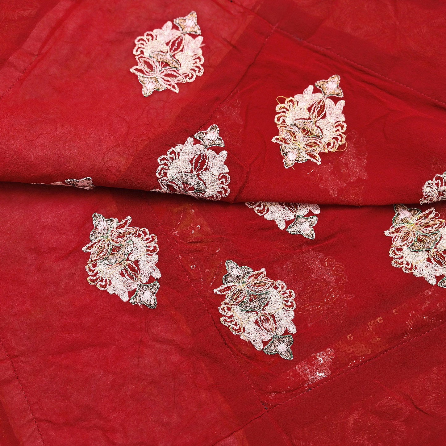 Indian Vintage Heavy Bridal Red Dupatta Pure Georgette Silk Long Stole Hand Embroidered Scarf Zardozi/Dabka Wedding red Hijab veil