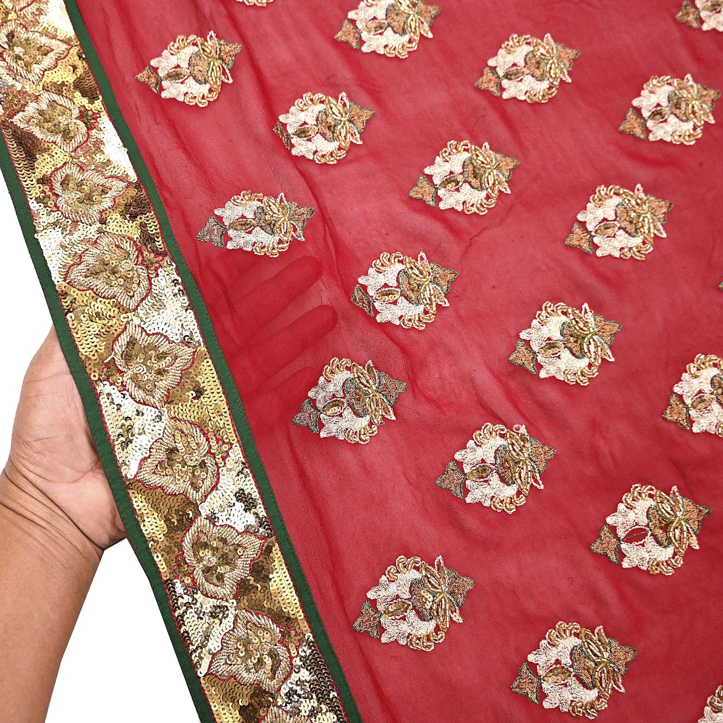 Indian Vintage Heavy Bridal Red Dupatta Pure Georgette Silk Long Stole Hand Embroidered Scarf Zardozi/Dabka Wedding red Hijab veil
