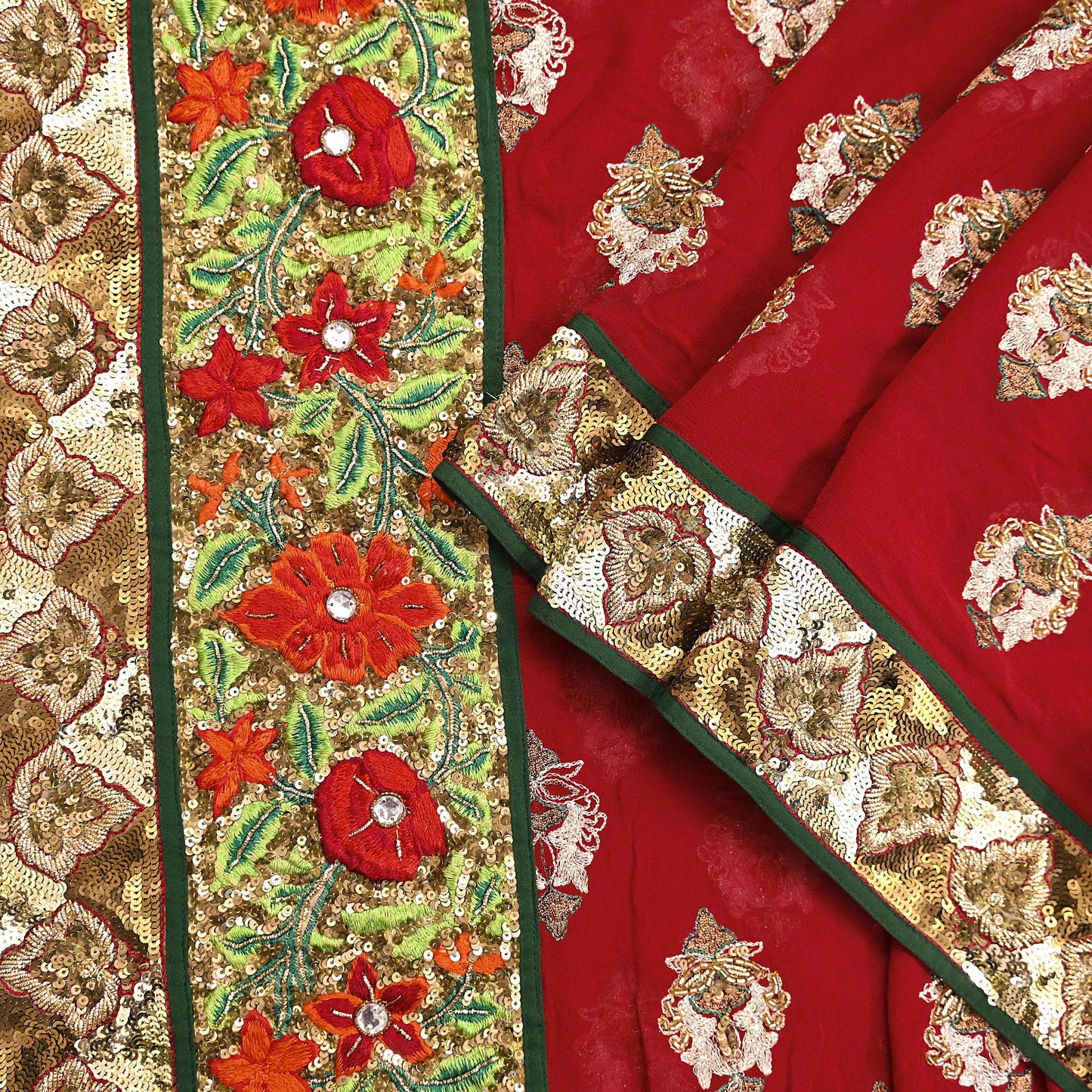 Indian Vintage Heavy Bridal Red Dupatta Pure Georgette Silk Long Stole Hand Embroidered Scarf Zardozi/Dabka Wedding red Hijab veil
