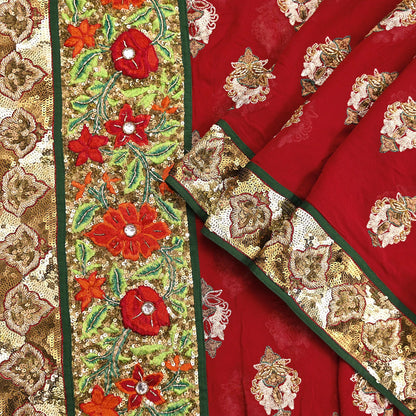 Indian Vintage Heavy Bridal Red Dupatta Pure Georgette Silk Long Stole Hand Embroidered Scarf Zardozi/Dabka Wedding red Hijab veil