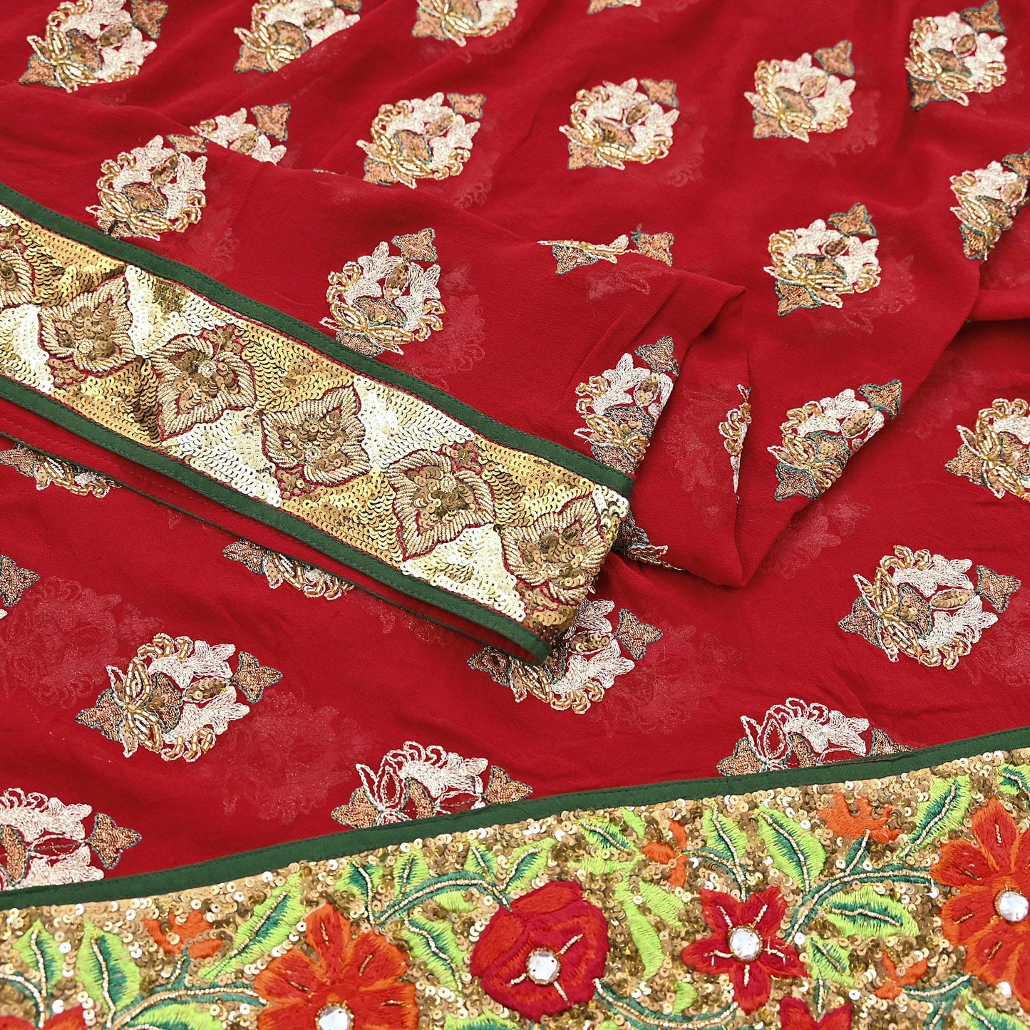 Indian Vintage Heavy Bridal Red Dupatta Pure Georgette Silk Long Stole Hand Embroidered Scarf Zardozi/Dabka Wedding red Hijab veil