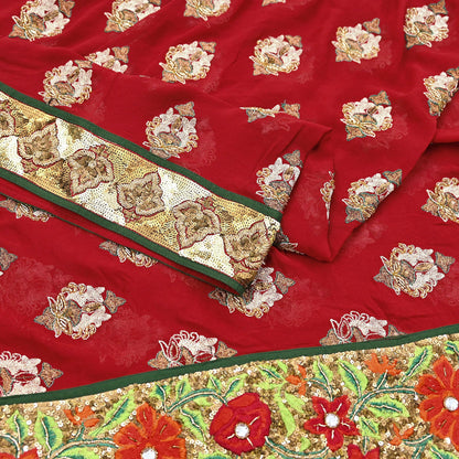 Indian Vintage Heavy Bridal Red Dupatta Pure Georgette Silk Long Stole Hand Embroidered Scarf Zardozi/Dabka Wedding red Hijab veil