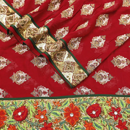 Indian Vintage Heavy Bridal Red Dupatta Pure Georgette Silk Long Stole Hand Embroidered Scarf Zardozi/Dabka Wedding red Hijab veil