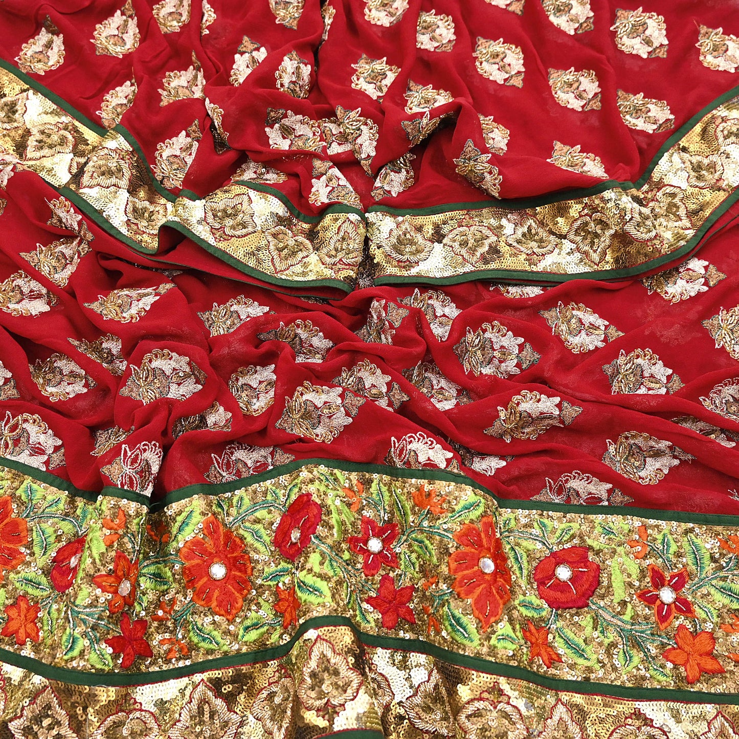 Indian Vintage Heavy Bridal Red Dupatta Pure Georgette Silk Long Stole Hand Embroidered Scarf Zardozi/Dabka Wedding red Hijab veil