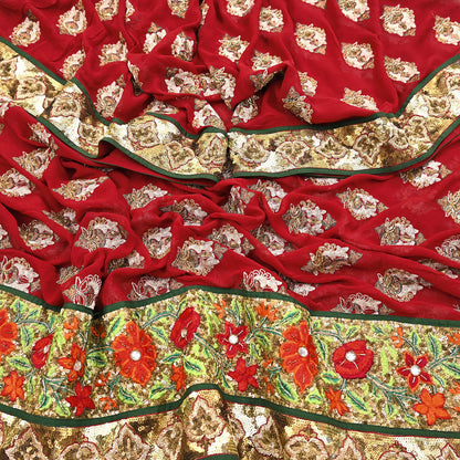 Indian Vintage Heavy Bridal Red Dupatta Pure Georgette Silk Long Stole Hand Embroidered Scarf Zardozi/Dabka Wedding red Hijab veil