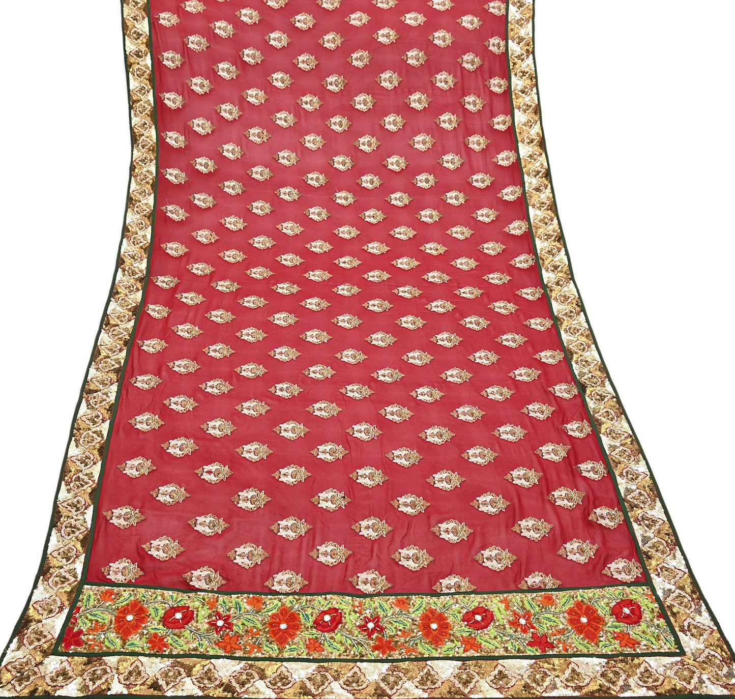 Indian Vintage Heavy Bridal Red Dupatta Pure Georgette Silk Long Stole Hand Embroidered Scarf Zardozi/Dabka Wedding red Hijab veil