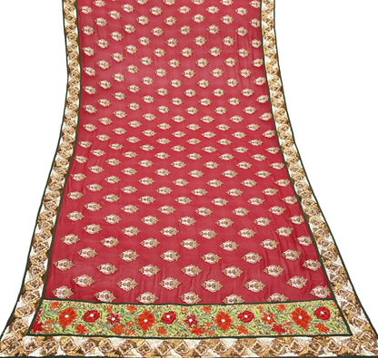 Indian Vintage Heavy Bridal Red Dupatta Pure Georgette Silk Long Stole Hand Embroidered Scarf Zardozi/Dabka Wedding red Hijab veil