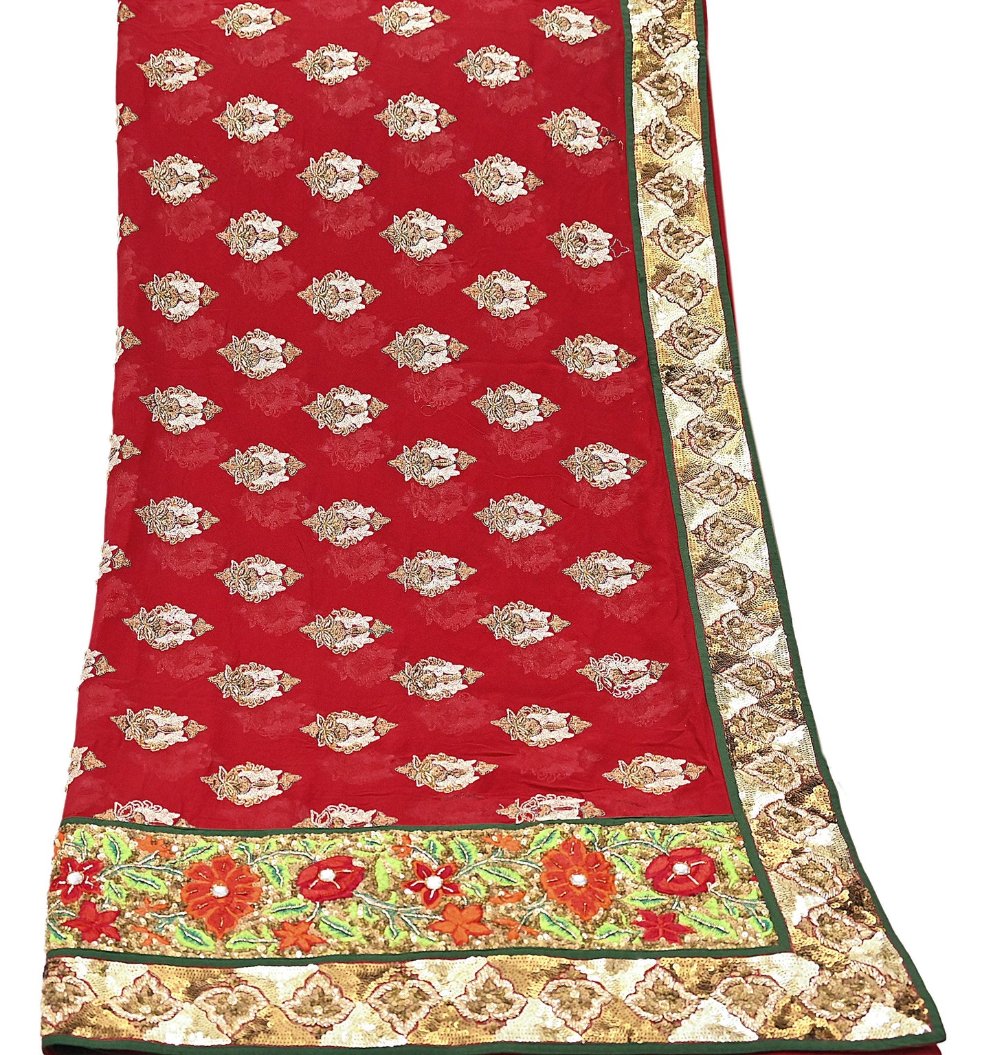 Indian Vintage Heavy Bridal Red Dupatta Pure Georgette Silk Long Stole Hand Embroidered Scarf Zardozi/Dabka Wedding red Hijab veil