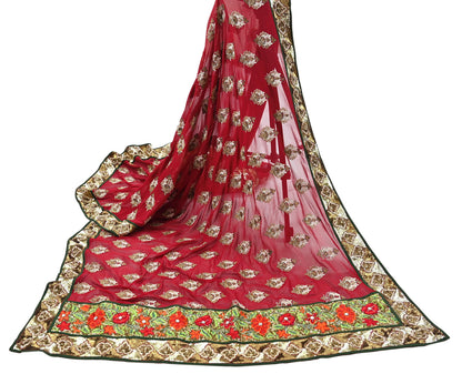Indian Vintage Heavy Bridal Red Dupatta Pure Georgette Silk Long Stole Hand Embroidered Scarf Zardozi/Dabka Wedding red Hijab veil