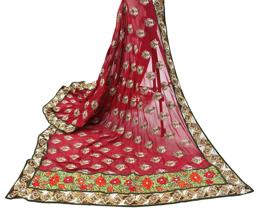 Indian Vintage Heavy Bridal Red Dupatta Pure Georgette Silk Long Stole Hand Embroidered Scarf Zardozi/Dabka Wedding red Hijab veil