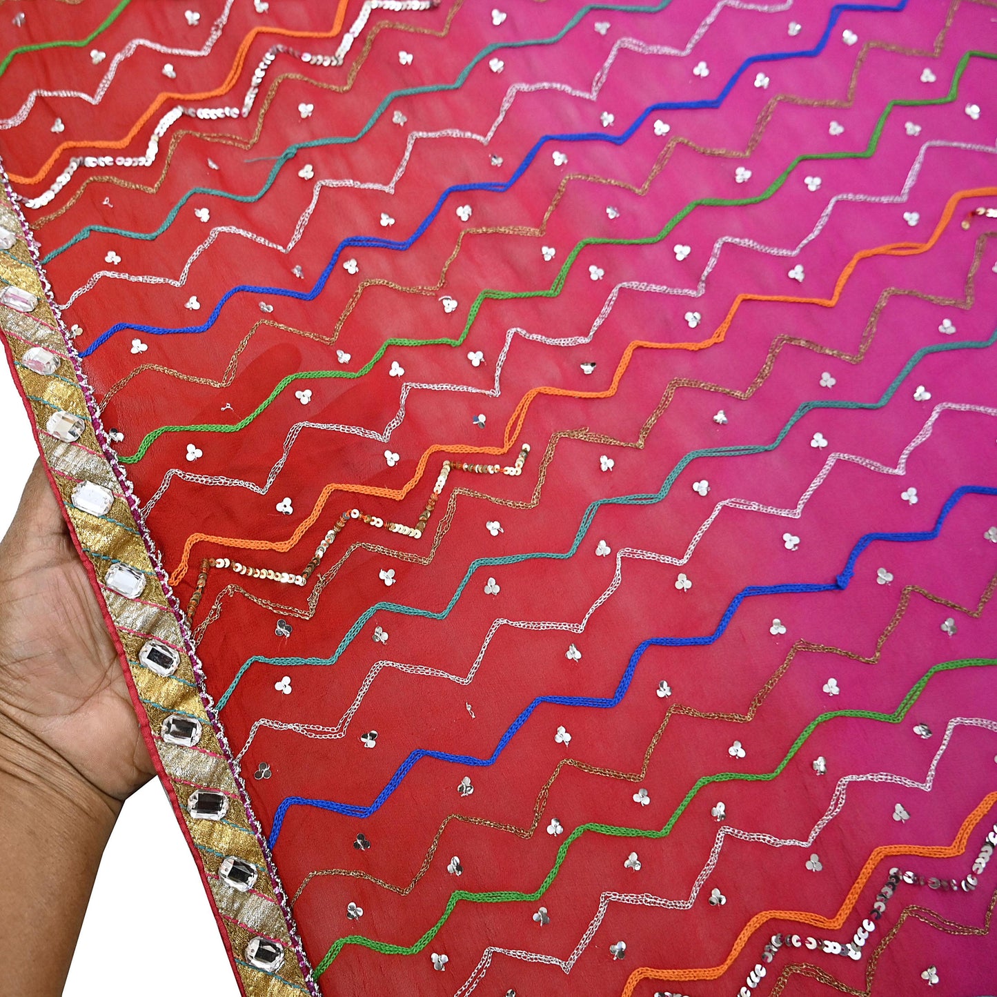 Indian Vintage Heavy Pink & orange Dupatta Pure Georgette Silk Long Stole Hand Embroidered Gota Patti Scarves Zardozi