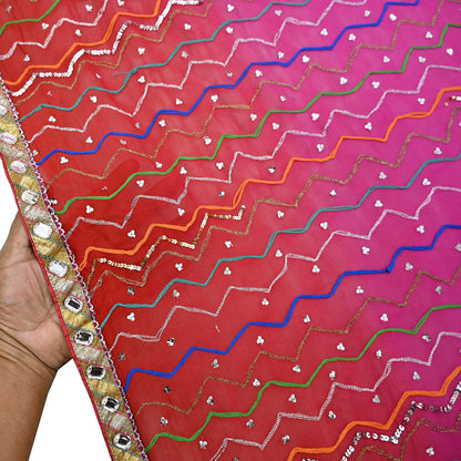Indian Vintage Heavy Pink & orange Dupatta Pure Georgette Silk Long Stole Hand Embroidered Gota Patti Scarves Zardozi
