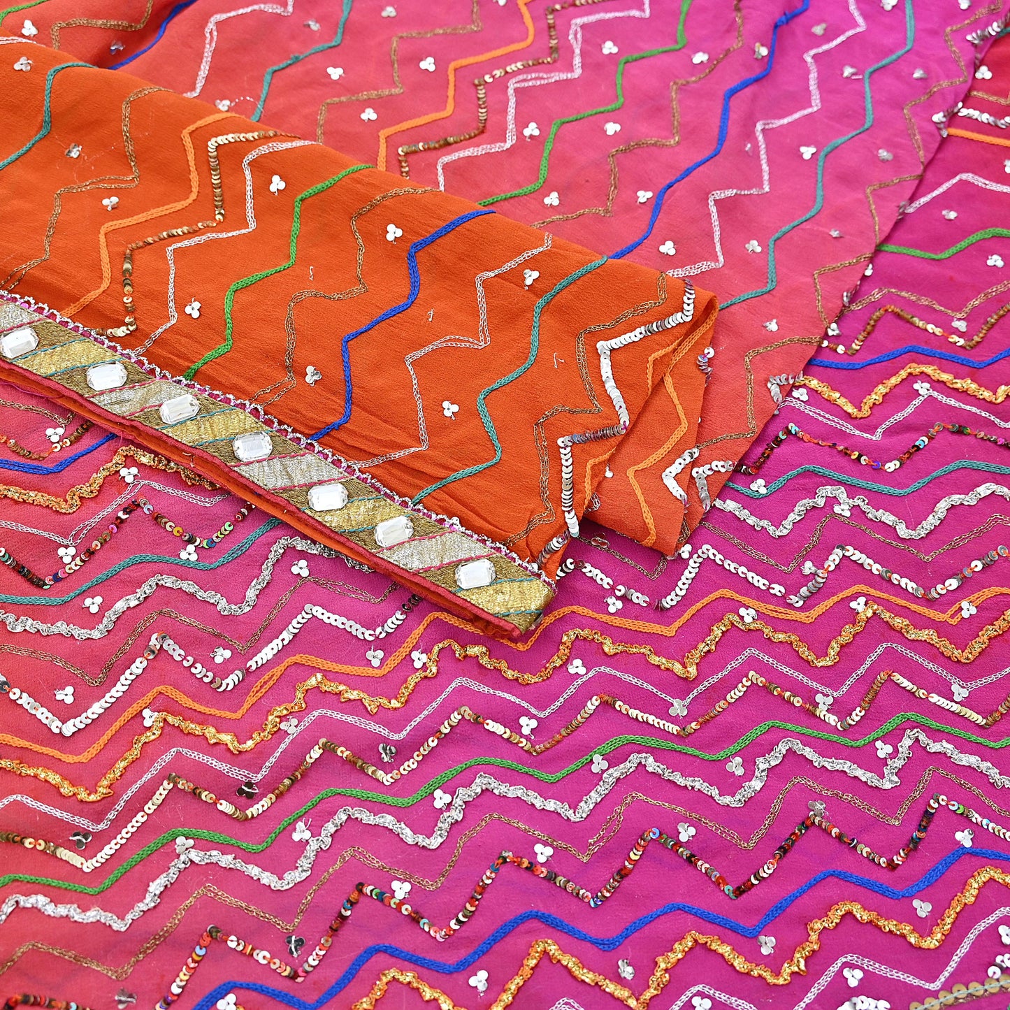 Indian Vintage Heavy Pink & orange Dupatta Pure Georgette Silk Long Stole Hand Embroidered Gota Patti Scarves Zardozi