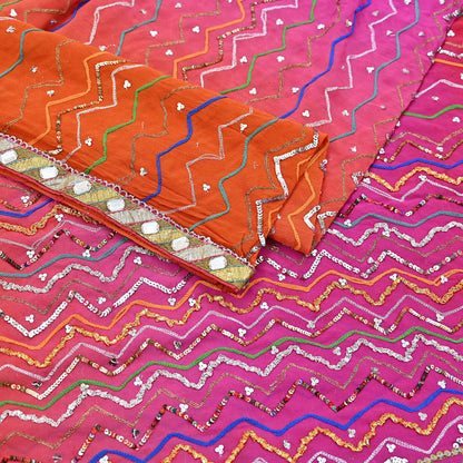 Indian Vintage Heavy Pink & orange Dupatta Pure Georgette Silk Long Stole Hand Embroidered Gota Patti Scarves Zardozi