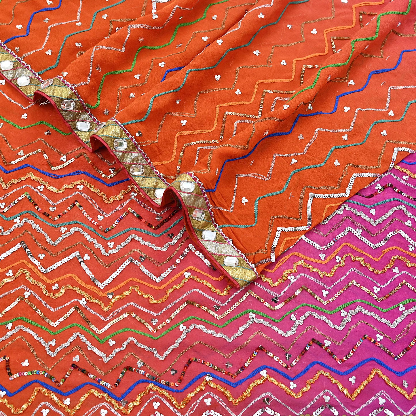Indian Vintage Heavy Pink & orange Dupatta Pure Georgette Silk Long Stole Hand Embroidered Gota Patti Scarves Zardozi