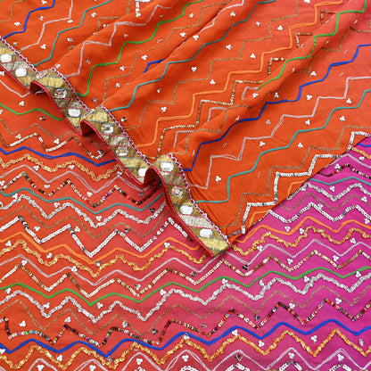 Indian Vintage Heavy Pink & orange Dupatta Pure Georgette Silk Long Stole Hand Embroidered Gota Patti Scarves Zardozi