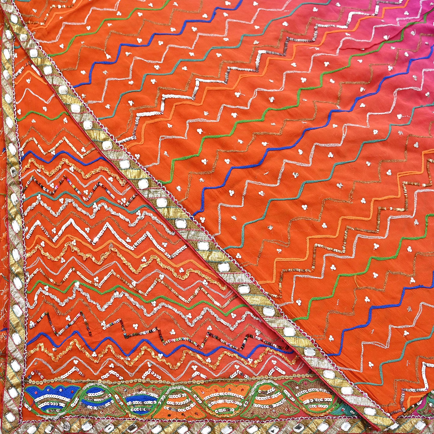 Indian Vintage Heavy Pink & orange Dupatta Pure Georgette Silk Long Stole Hand Embroidered Gota Patti Scarves Zardozi