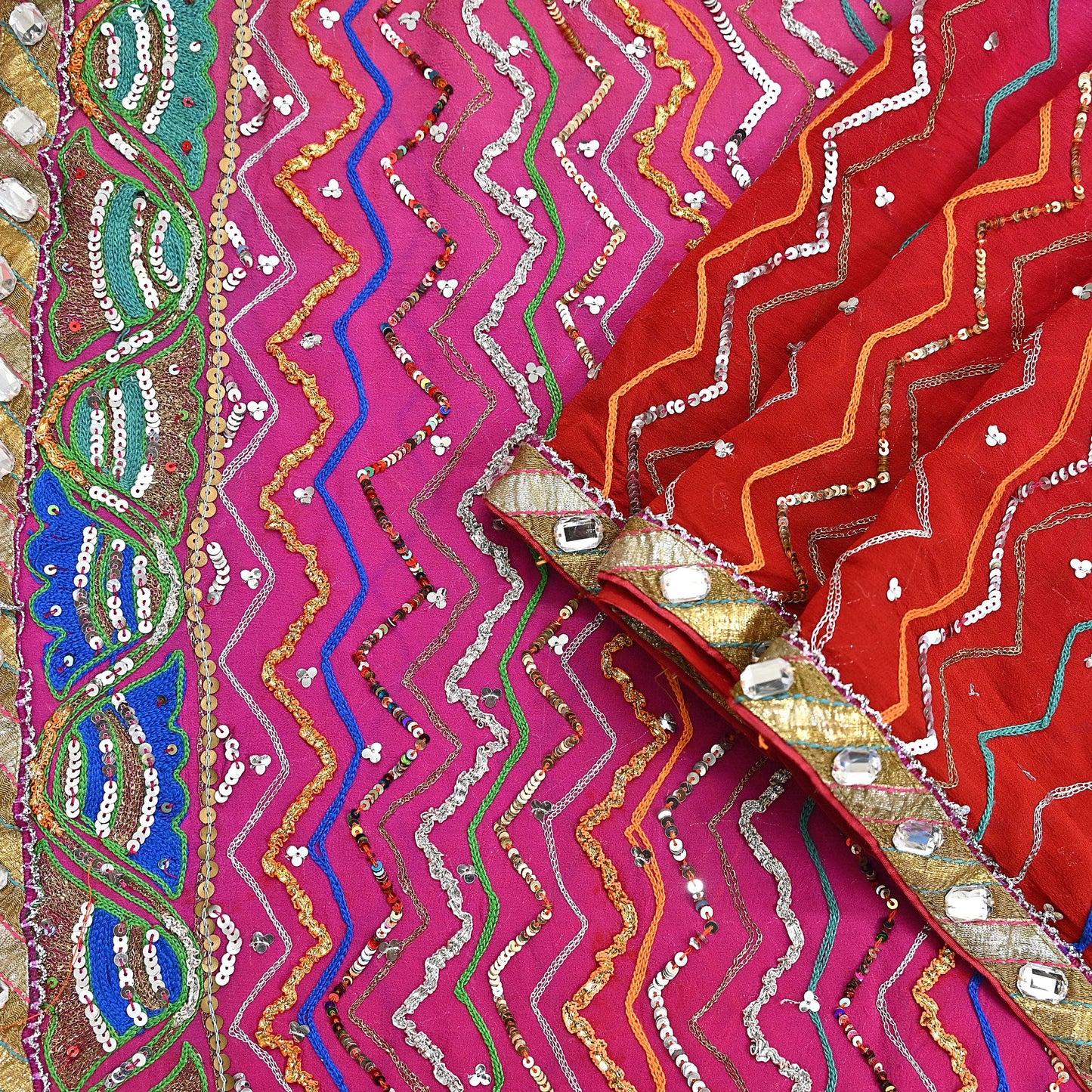 Indian Vintage Heavy Pink & orange Dupatta Pure Georgette Silk Long Stole Hand Embroidered Gota Patti Scarves Zardozi