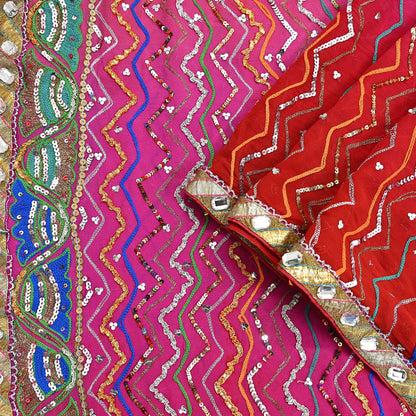 Indian Vintage Heavy Pink & orange Dupatta Pure Georgette Silk Long Stole Hand Embroidered Gota Patti Scarves Zardozi