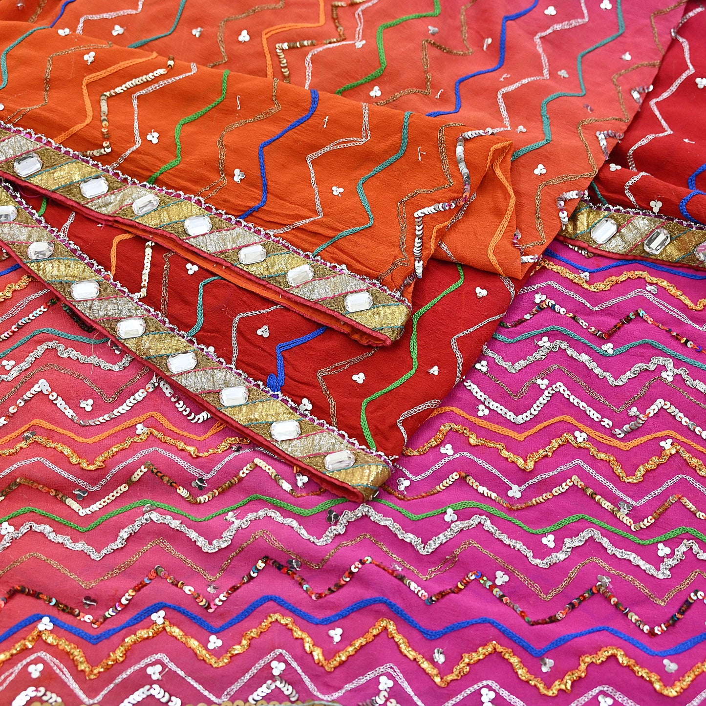 Indian Vintage Heavy Pink & orange Dupatta Pure Georgette Silk Long Stole Hand Embroidered Gota Patti Scarves Zardozi