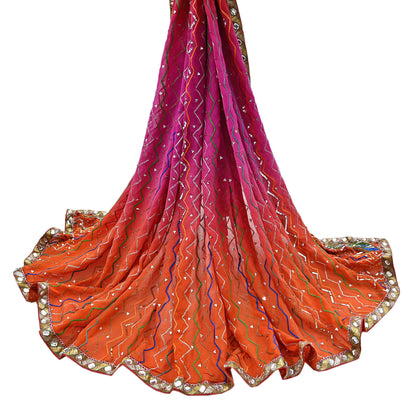 Indian Vintage Heavy Pink & orange Dupatta Pure Georgette Silk Long Stole Hand Embroidered Gota Patti Scarves Zardozi