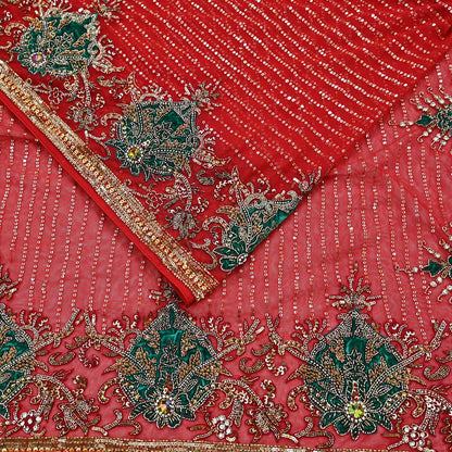 Indian Heavy Sari Dark Orange Net Hand Embroidered Sarees Craft Fabric 6Yd Sewing Soft Zardozi Wedding sarees With Blouse fabric