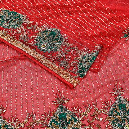 Indian Heavy Sari Dark Orange Net Hand Embroidered Sarees Craft Fabric 6Yd Sewing Soft Zardozi Wedding sarees With Blouse fabric