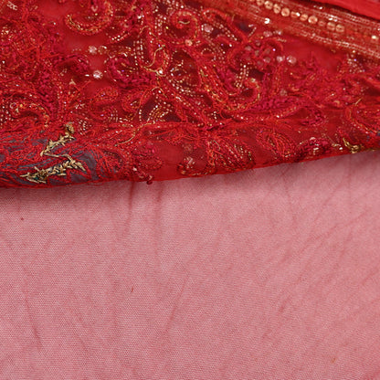 Indian Heavy Sari Dark Orange Net Hand Embroidered Sarees Craft Fabric 6Yd Sewing Soft Zardozi Wedding sarees With Blouse fabric